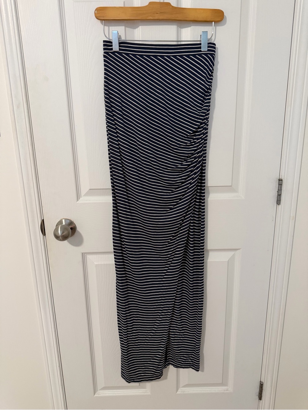 Striped Navy & White Maxi Skirt - Sleek Ruched Side